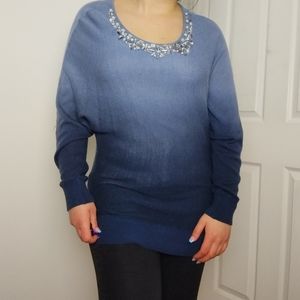 INC Blue Ombre Sweater Tunic with Gemstone Neckline Size Medium